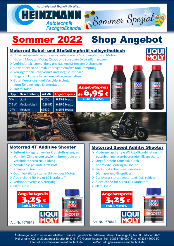Sommer 2022 - Shop Angebot +++ LIQUI MOLY +++ Motorrad Gabel- und Stoßdämpferöl vollsynthetisch +++ Motorrad 4T Additive Shooter +++ Motorrad Speed Additiv Shooter