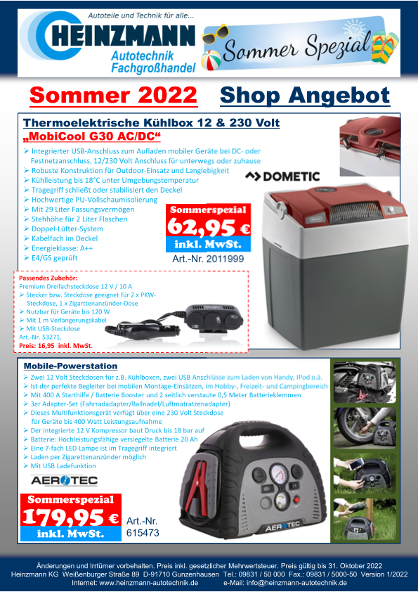 Sommer 2022 - Shop Angebot +++ DOMETIC - Thermoelektrische Kühlbox 12 & 230 Volt „MobiCool G30 AC/DC“ +++ AEROTEC- Mobile-Powerstation