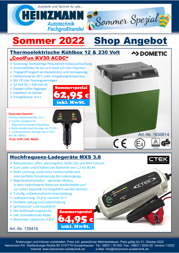 Sommer 2022 - Shop Angebot +++ DOMETIC - Thermoelektrische Kühlbox 12 & 230 Volt „CoolFun KV30 ACDC“ +++ CTEK - Hochfrequenz-Ladegeräte MXS 3.8