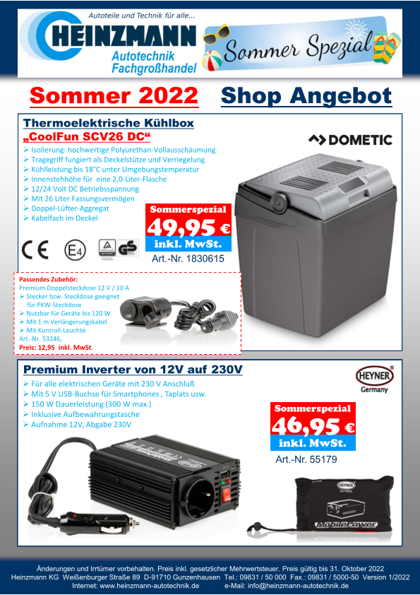 Sommer 2022 - Shop Angebot +++ DOMETIC - Thermoelektrische Kühlbox „CoolFun SCV26 DC“ +++ HEYNER - Premium Inverter von 12V auf 230V