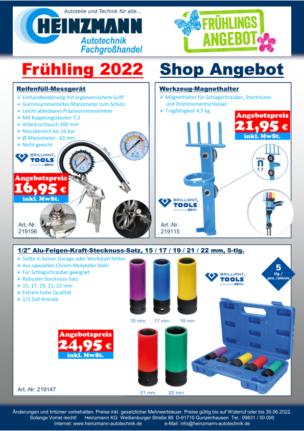 Frühling 2022 - Shop Angebot +++ Brilliant Tools - Reifenfüll-Messgerät +++ Werkzeug-Magnethalter +++ 1/2" Alu-Felgen-Kraft-Stecknuss-Satz, 15 / 17 / 19 / 21 / 22 mm, 5-tlg.